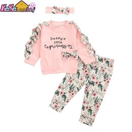 Trousers 3pcs Infant Baby Girl Clothes Newborn Autumn Long Sleeve Ruffle Cotton Tops Floral Pants Headband Clothing Outfit Set Fall 024M
