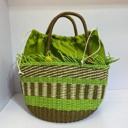 Tote Bag Straw Handmade Weave Luxury Designer bags For Women 2023 New Purse tassel wooden beads Handbags Casual Beach Bag