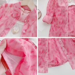 Menoea Casual Girls Pink Leopard Print Clothes Set Summer Kids Sunscreen Long Shirt + Shorts 2 Piece Suit 2-7Y Children Outfits