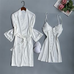 Women 2Pcs Robe Gown Suit Kimono Pyjamas Sets Sexy Sleepwear Orange Satin Lace Bathrobe Home Wear Nightgown