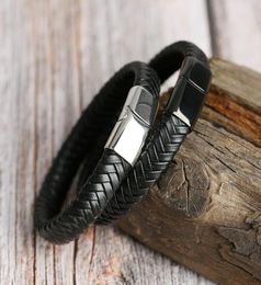 Genuine Leather Bracelets Men 126mm Stainless Steel Magnetic Clasps Cowhide Braided Wrap Trendy Bracelet Armband pulsera hombre5737761