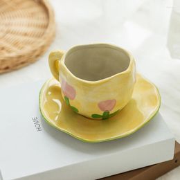 Mugs 2024 Ceramic Coffee Cup Mug Hand-painted Flower Small Office/home Office With Plate Breakfast Milk Juice Tea Handle