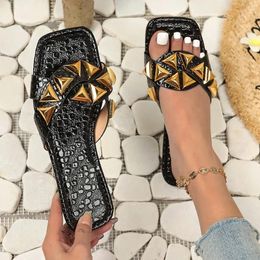 Slippers Women Metal Decoration Summer Flat Shoes Fashion Slip On Slides Outdoor Female Casual Sandals Plus Size 43