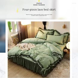 Bedding Sets Solid Colour Girl Bed Skirt Style Lace Four-piece Cover Set Princess Wind Brushed Linen Cotton