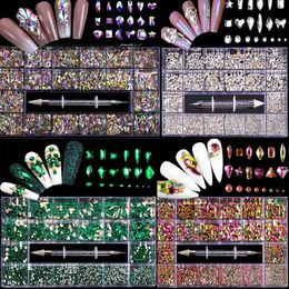 Luxury Shiny Diamond Nail Art Rhinestones Kit Glass Crystal Decorations Set 1pcs Pick Up Pen In Grids Box 21 Shapes of 2500pcs 240410