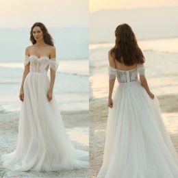 Eisen Stein A-Line Wedding Dresses Sexy Off Shoulder Lace Beads Beach Bridal Gowns Custom Made Open Back Sweep Train Wedding Dress