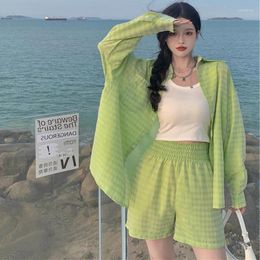 Women's Blouses Small Fresh Casual Sun Protection Shirt Long-sleeved Suit 2024 Summer Fashion Wide-leg Shorts Two-piece Set