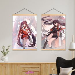 Genshin Impact Home Decor Wooden Hu Tao Hanging Paintings HD Canvas Anime Print Poster Modern Wall Art Modular Picture Bedroom