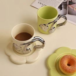 Mugs Modern Ceramic Mug Hand Made Flower Relief Office Coffee Cups Silver Electroplating Breakfast Desktop Milk Cup Home Decoration