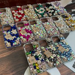 DIY Handmade Luxury Bling Crystal Phone Case For iPhone 14 Pro Diamond Rhinestone Flower Perfume Bottle Cover For Women Girls