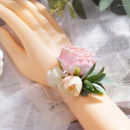 Charm Bracelets 1pc Camellia Ribbon Wrist Flower For Wedding Bridal Bridesmaid Sweet Pearl Rose Lace-up Bracelet Pography Jewellery