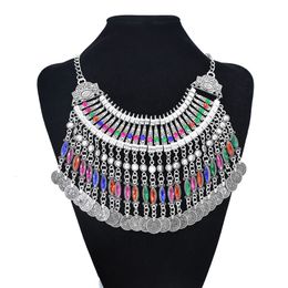 Earring Necklaces 3 PCs Sets For Women Bohemian Ethnic Coins Tassels Charms Rhinestones Jewelry Sets Vintage Carved Set Female