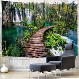 Waterfall Tapestry,Long Way River in Tropic Natural Rainforest Trees and Bushes,Wall Hanging Decor for Bedroom Living Room Dorm