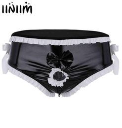 iiniim Mens Sissy Bowknot Latex Lingerie Wetlook Leather Open Penis Hole Bikini Briefs Underwear Gay Zipper Open Crotch Panties 217045986