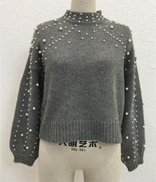 4 Colors S-2XL Women Long Sleeves Loose Sweater Autumn Knitted O Neck Short Pullover Beading Pearls Outstreet Knitwear