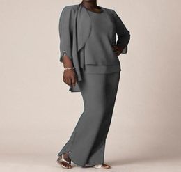 Grey Chiffon Formal Pant Suits For Mother Groom Dresses Evening Wear Long Mother of the Bride Dresses With Jackets Plus Size Custo7511957