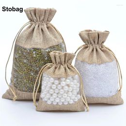 Gift Wrap StoBag 50pcs Wholesale Linen Bags Window Drawstring Candy Jewellery Packaging Storage Bundle Pocket Reusable Pouches Party