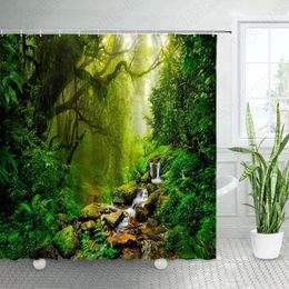 Shower Curtains Tropical Jungle Landscape Green Plants Leaves Waterfall Nature Scenery Bathroom Curtain Home Decor Wall Hanging