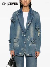Women's Jackets CHICEVER Patchwork Appliques Chic Denim Coats For Women Notched Collar Long Sleeve Single Breasted Fashion Loose Female