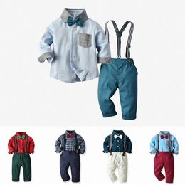 Bow Tie Baby Kids Clothes Sets Shirts Pants Gentlemen Boys Toddlers Striped Casual Long Sleeved tshirts Braces Overall Suits Youth Children outfit siz l1AW#