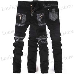 Men's Jeans New Fashion Men Leather Pants Patchwork Casual Skinny Mens Motorcycle Jeans High Quality Mens Slim Trousers Jeans Size 28-36 T240411