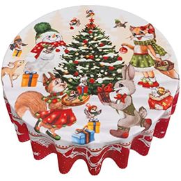 Christmas Wreath Round Tablecloth 60 Inch Xmas Tree Table Cloth Washable Polyester White Snow Table Cover Tabletop Kitchen Party