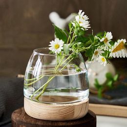 Wooden Transparent Glass Vases Creative Hydroponic Terrarium Plant Flower Pot Home Office Desktop Ecological Fish Tank Decorate