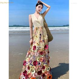 Casual Dresses Y-Y Beige Patchwork Floral Embroidery Long Sleeve Backless Dress Summer Elegant Luxury Women Evening Party Boho Robe