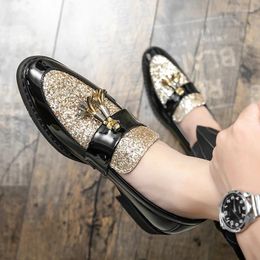 Casual Shoes Sequin Loafers Men's Leather Nightclub Party Tassel Dress Black Platform