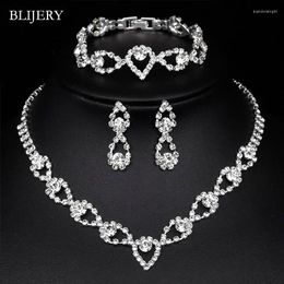 Necklace Earrings Set BLIJERY Crystal Bridal Silver Colour Rhinestones Waterdrop Bracelet For Women Wedding Jewellery