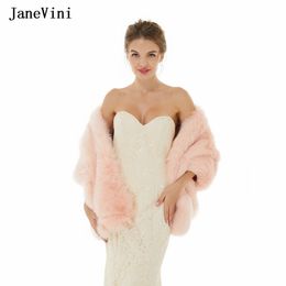 JaneVini New Winter Women Fur Cape Light Pink Wedding Faux Fur Shawl Wrap Bridal Jacket Evening Party Coat Bolero Feminino Festa