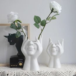 Nordic Style Flower Vase Women Body Half Face Pot Ceramic Art Crafts Bedroom Living Room Desktop Decoration 240407