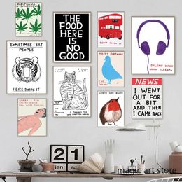 David Shrigley Artworks Tiger Crab Cat Earphone Ice Cream Art Posters Canvas Painting Wall Prints Pictures for Room Home Decor