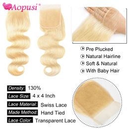 Aopusi 613 Blonde Bundles With 4x4 Lace Closure Brazilian Body Wave 3 4 Bundle Human Hair With Closure 32" Blonde Hair Extension