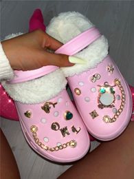 5Pairs Wholesale Winter Plush Bubble Slippers Women DIY Bright Diamond Gold Chain Soft Massage Slides Garden Clogs Shoes 8564