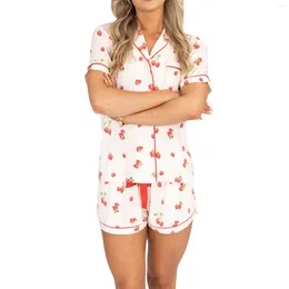 Home Clothing Women's 2 Piece Lounge Set Short Sleeve Lapel Shirt Tops Floral/Bear/Strawberry Print Shorts Sleepwear Sets