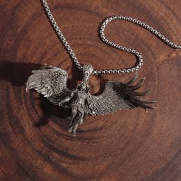 Creativity Vintage Mysterious Temple Statue Wings Angel Pendant Necklace for Men Trend Domineering Punk Jewelry Gift