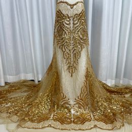 Gold Sequins Beaded Embroidery French Tulle Lace Fabric 2022 High Quality African Net Lace Fabric For Wedding Dress