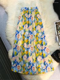 Skirts Spring Summer Oil Painting Printed Women's Umbrella 2024 High Waist Floral Fashionable A-Line Midi Female