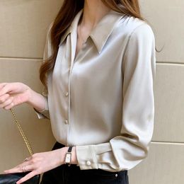Women's Blouses Women Tops Ladies V-Neck Vintage Blusas Femininas Satin Shirt Retro Fashionlong Sleeve Blouse Elegant Office Wear 1486