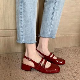 Dress Shoes French Retro Square Toe Shallow Cut Double Breasted Back Empty Sandals Mary Jane
