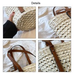 Women's Straw Weave Bag Boho Hollow Design Summer Large Capacity Bucket Handbag Rattan Weave Handmade Craft Tote Basket