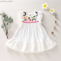 Girl's Dresses Kid Girls Cotton Linen Dresses Pleated Short Sleeve Delicate White Dress Summer Fashion Daily Dress For Toddler Girls 1-5 Years Y240412