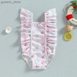One-Pieces 6M-3T Toddler Girl Cute Flying Sleeve Jumpsuit Ice /Strawberry Print Ruffle Flying Sleeve Sleeveless Bikini Swimwear Y240412