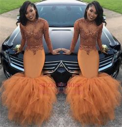 2k17 African Long Sleeve Prom Dresses Tiered Skirts High Neck See through Lace Applique Top Beaded Plus Size Evening Gowns BA80849116111