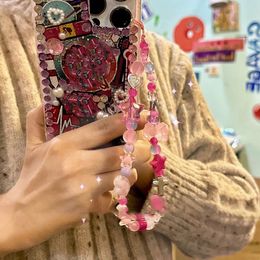Pink Bear Pentagram Beaded Mobile Phone Chain Lanyard Charm Women Girls Y2k Phone Chain Jewelry Phone Case Pendant Decoration