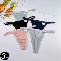 3pcs Simple Stripe T Back Panties Women Low Rise Thongs Lingerie Sports G-Strings Female Underwear Plus Size