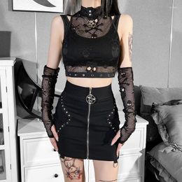 Women's Tanks Goth Dark Skull Fishnet Mall Gothic Women Tank Tops Grunge Aesthetic Punk Black Crop Top With Glove E-girl Emo Alternative