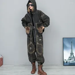 Women's Pants Thick Denim Set Winter Two-pieces Leopard Spliced Fleece Suit Plus Size Hooded Streetwear Jeans Harem Trousers