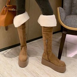 Boots Warm Winter With Buckle Over Knee High Side Zippers Autumn Platform Simple Stretch Suede Shoes Girls